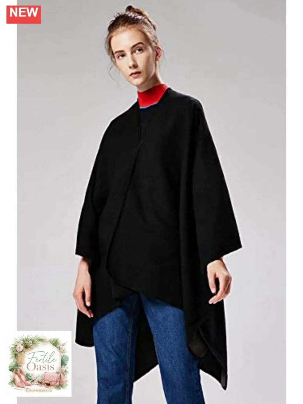 Womens Warm Shawl Wrap Cape Poncho Cardigan Winter Wool Blend Reversible
